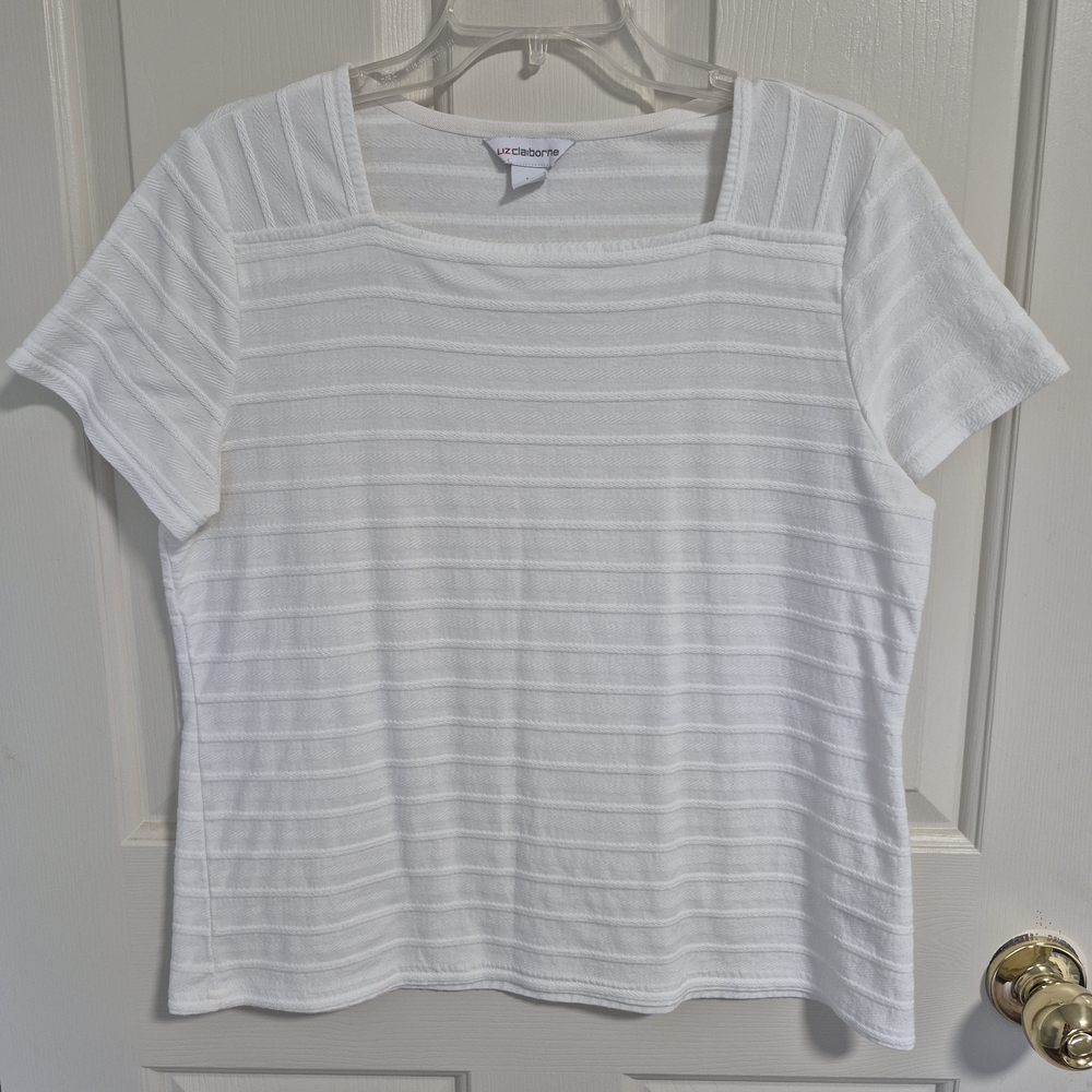 Liz Claiborne Womens White Textured Short Sleeve Square Neck Top Large